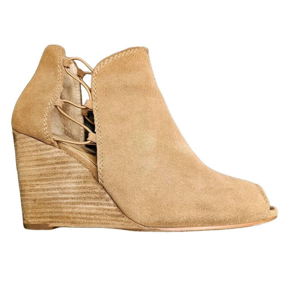 Lucky Brand Reevas Ankle Booties Size 8.5 Suede Leather Wedge Peep Toe Slip On R